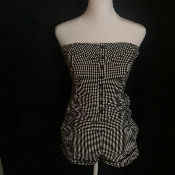 Black and White Gingham Strapless Romper - Picture 2 of 9